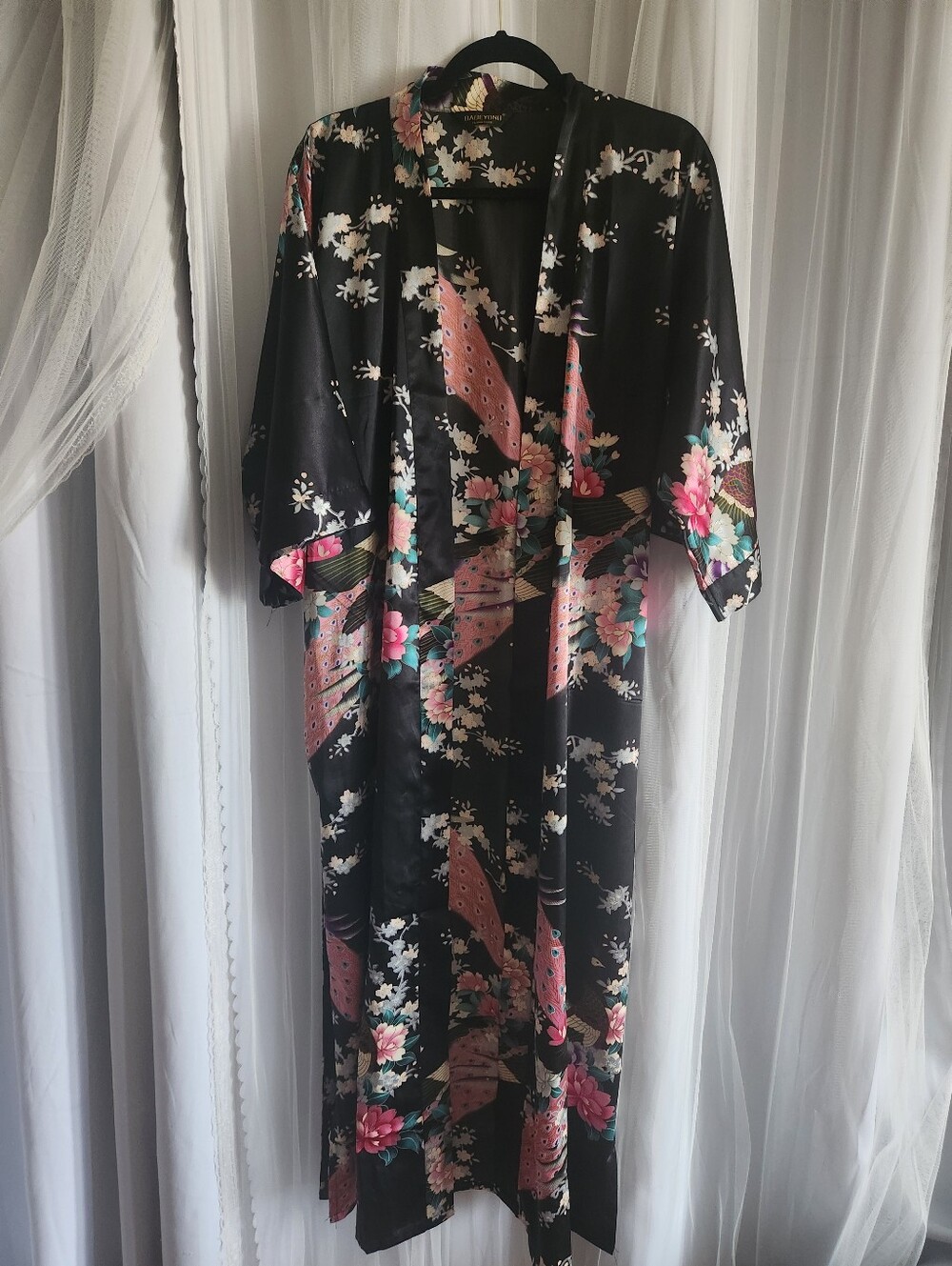 Floral Black Satin Kimono Dress with Pink Accents With Pockets One Size